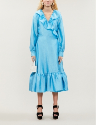 STINE GOYA WINTER SKY BLUE STEFFI RUFFLED-TRIM METALLIC MIDI DRESS