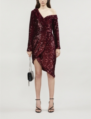 Lavish Alice Asymmetric One-shoulder Sequinned Mini Dress In Burgundy