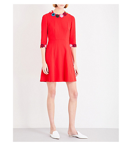 MARY KATRANTZOU Flower-Appliqué Wool-Crepe Dress in Red | ModeSens