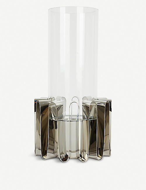 GEORG JENSEN: Frequency glass and stainless steel hurricane lantern 38cm