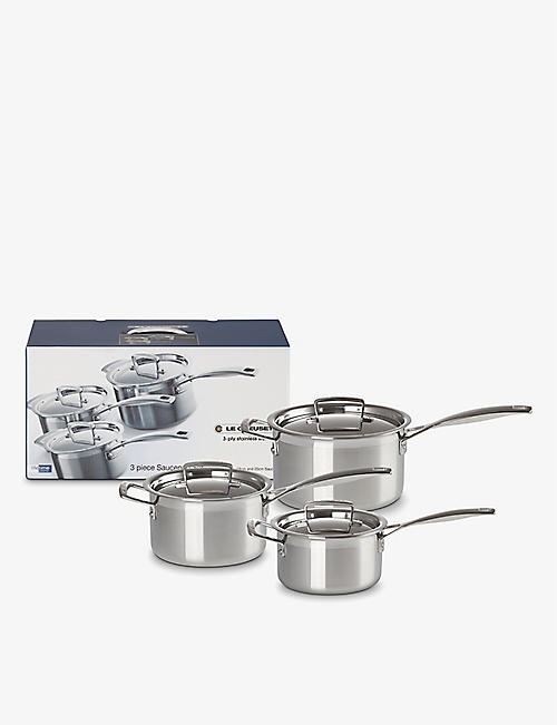 LE CREUSET: Set of three 3-Ply stainless steel saucepans