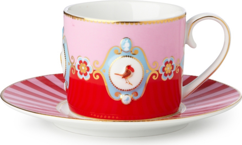 Love birds cup and saucer red⁄pink medallion   LOVE BIRDS 