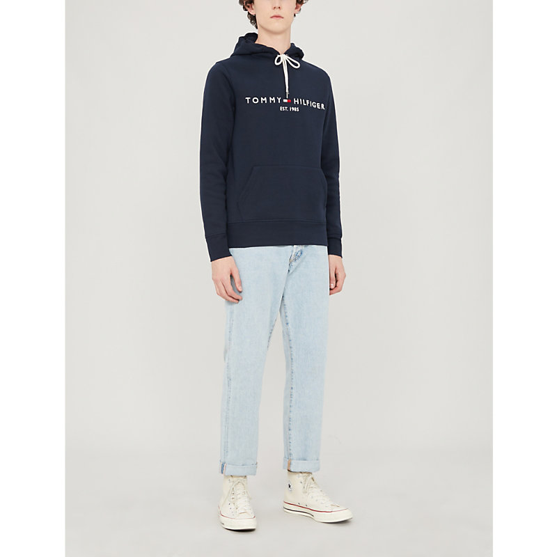 Shop Tommy Hilfiger Logo-embroidered Cotton-blend Hoody In Sky Captain