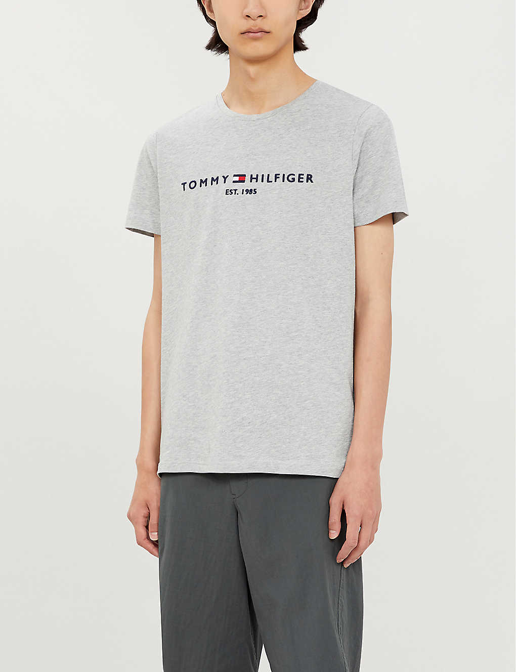 Tommy Hilfiger Logo-embroidered Cotton T-shirt In Cloud Htr (grey)