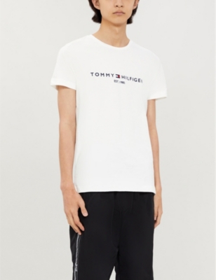 Shop Tommy Hilfiger Men's Snow White Logo-embroidered Cotton T-shirt
