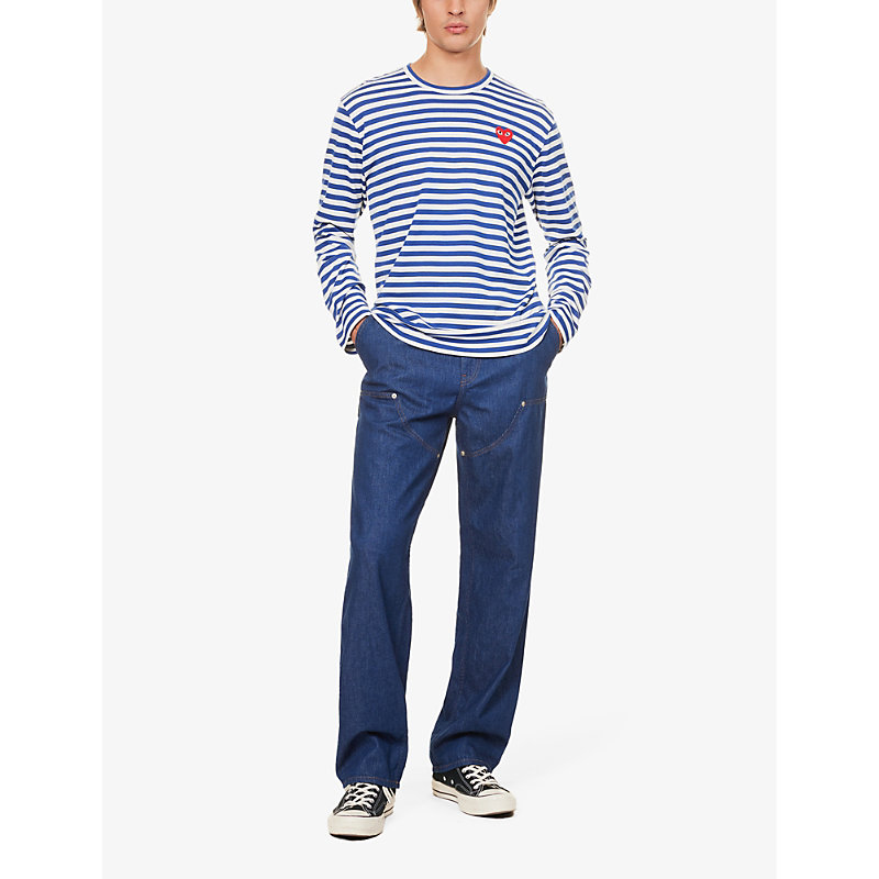 Shop Comme Des Garçons Play Striped Cotton-jersey Top In Navy