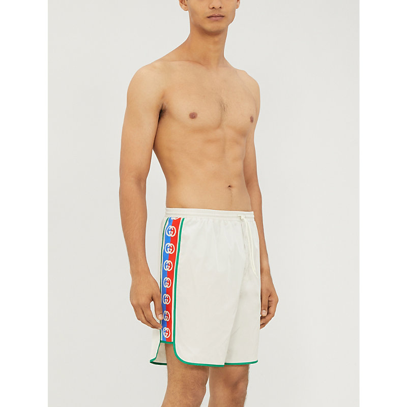 Gucci Side-stripe Swim Shorts In White