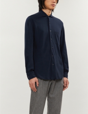 Aspesi Cutaway-collar Long-sleeved Cotton-jersey Shirt In Navy