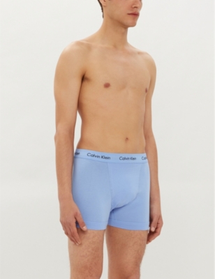 Calvin Klein Pack Of Three Modern Essentials Classic-fit Stretch-cotton Trunks In Light Blue Grey Burg