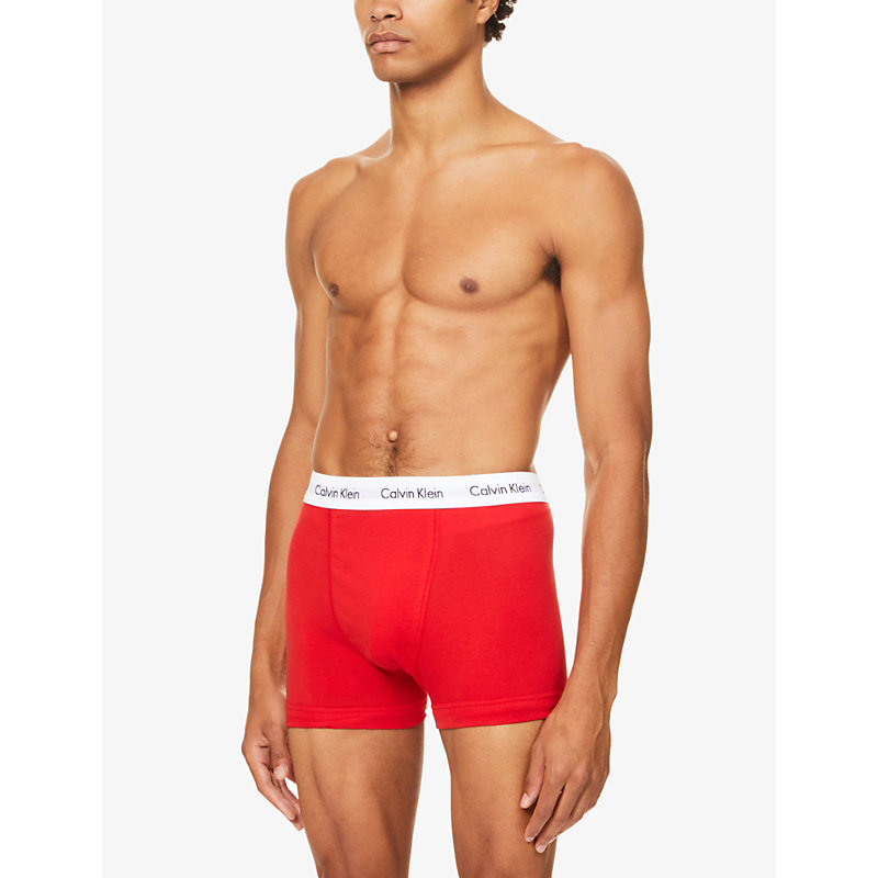 Shop Calvin Klein Men's Red/navy/white Pack Of Three Cotton Stretch Classic-fit Stretch-cotton Trunks In Red/blue/white