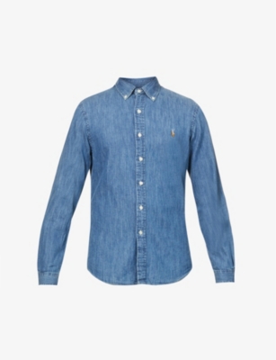 Shop Polo Ralph Lauren Men's Dark Wash Long-sleeved Button-down Slim-fit Cotton Chambray Shirt