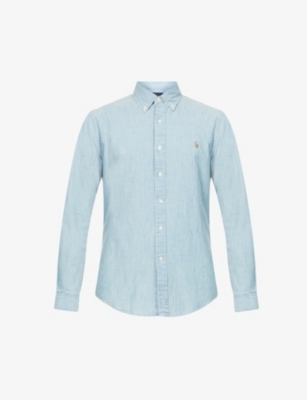 Polo Ralph Lauren Mens Medium Wash Slim-fit Single-cuff Denim Shirt