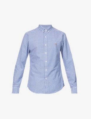 Shop Ralph Lauren Polo  Men's Blue/white Long-sleeved Button-down Slim-fit Cotton Oxford Shirt