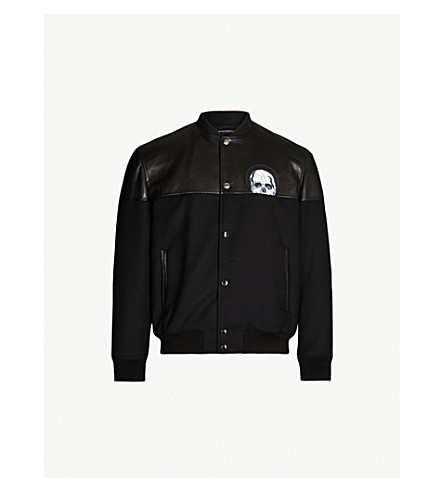 ALEXANDER MCQUEEN SKULL-APPLIQUÉD LEATHER AND STRETCH-TWILL BOMBER JACKET