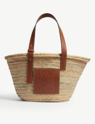 loewe leather trimmed woven raffia tote