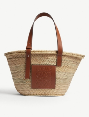 Loewe Logo Medium Raffia Basket Bag With Leather Trim