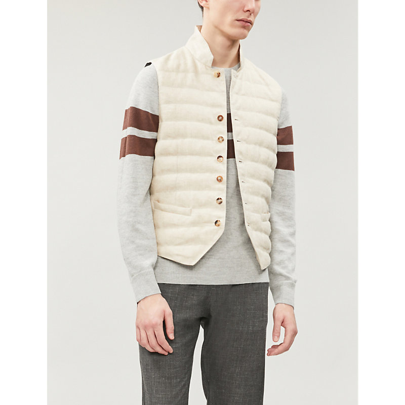 BRUNELLO CUCINELLI FUNNEL-NECK QUILTED LINEN AND DOWN-BLEND GILET