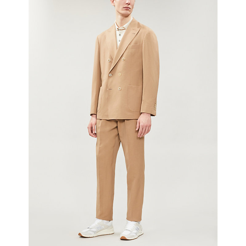 BRUNELLO CUCINELLI DOUBLE-BREASTED LEISURE-FIT WOOL AND LINEN-BLEND SUIT