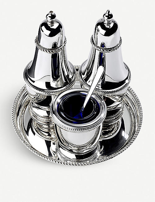 ARTHUR PRICE: Silver-plated three-piece condiment set and tray