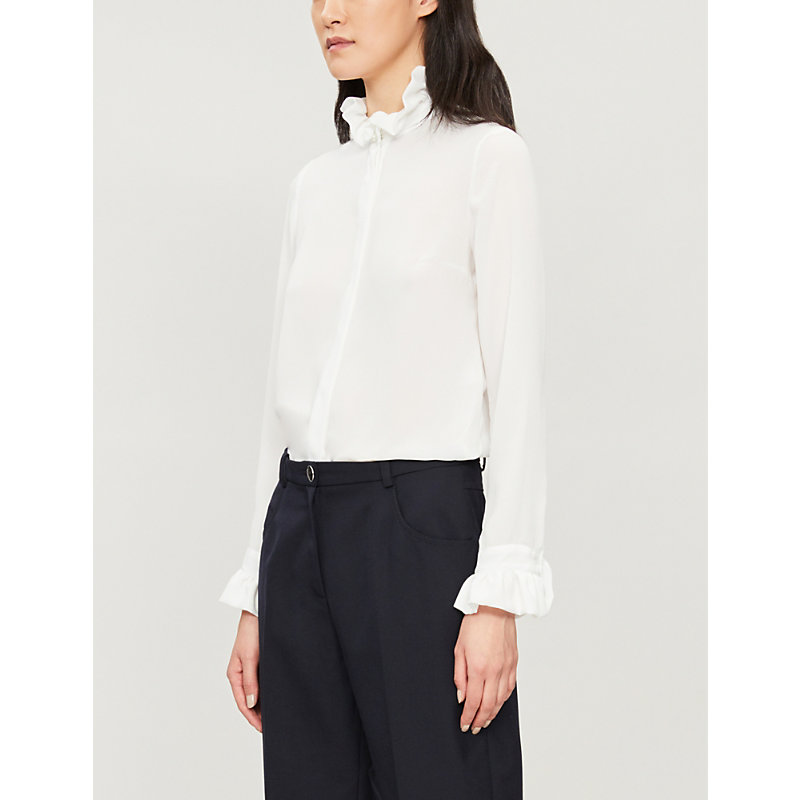 Shop Claudie Pierlot Women's Ecru High-neck Frilled-trim Crepe Shirt In White