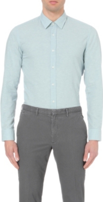 Hugo Boss Mens Light/pastel Green Leisure Slim-fit Cotton And Linen-blend Shirt In Blue