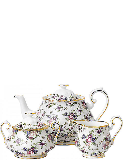 ROYAL ALBERT: 100 years english chintz 3-piece teapot set (1940)