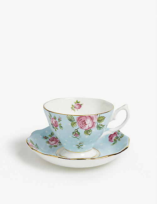ROYAL ALBERT: Polka Blue Vintage china teacup and saucer set of two