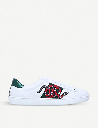GUCCI: Men's New Ace embroidered-snake leather trainers