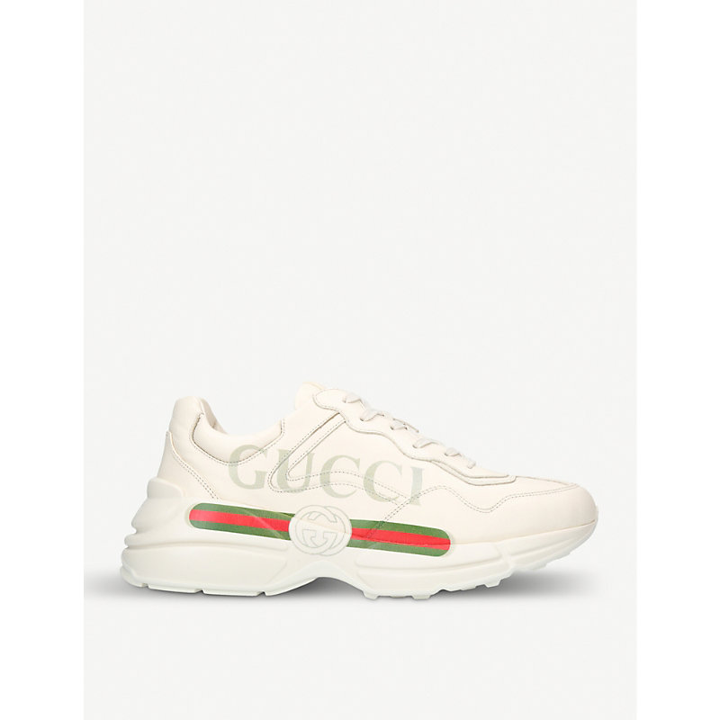 Shop Gucci Men's Rhyton Logo Leather Running Trainers In White/comb