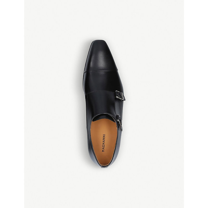 Shop Magnanni Double Monk Strap Leather Shoes In Black