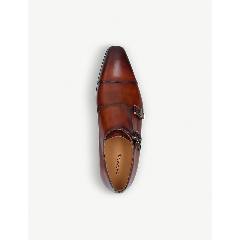 Shop Magnanni Burnished Leather Double Monk-strap Shoes In Tan