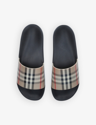 Shop Burberry Mens Beige Furley Checked Sliders