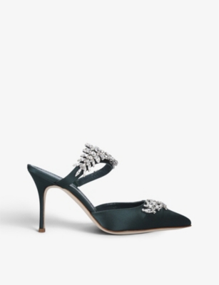 Manolo Blahnik Lurum 90 Crystal-embellished Satin Mules In Green