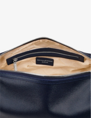 Shop Aspinal Of London Navy Logo-embellished Zipped Leather Wash Bag