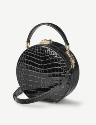 Shop Aspinal Of London Round Croc-embossed Patent-leather Hat Box Bag