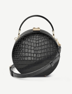Aspinal Of London Round Croc-embossed Patent-leather Hat Box Bag In Black