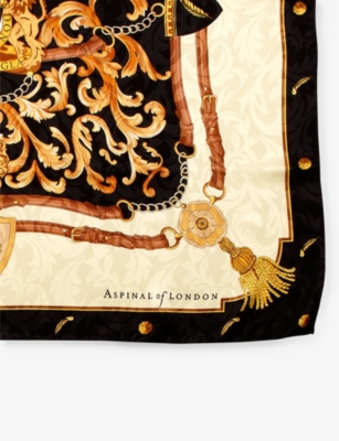 Aspinal Of London Womens Black Signature Shield Printed Silk Scarf In Black