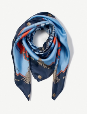 Aspinal Of London Womens Signature Shield Graphic-print Silk-twill Scarf