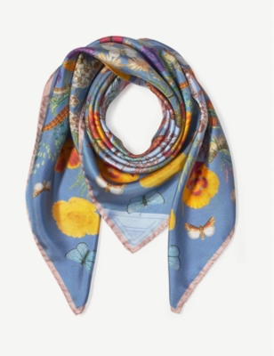 ASPINAL OF LONDON: Botanical 'A' floral-print silk scarf