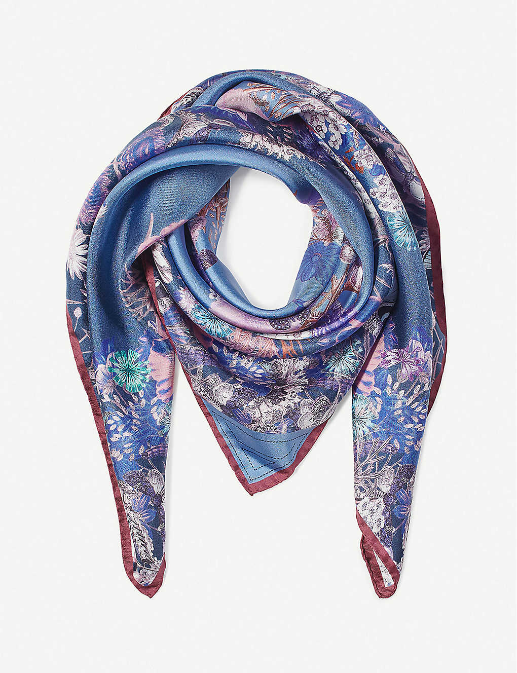 Aspinal Of London Floral-print Silk Scarf In Blue