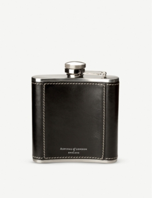 Shop Aspinal Of London Black Classic Stainless-steel And Leather Hip Flask