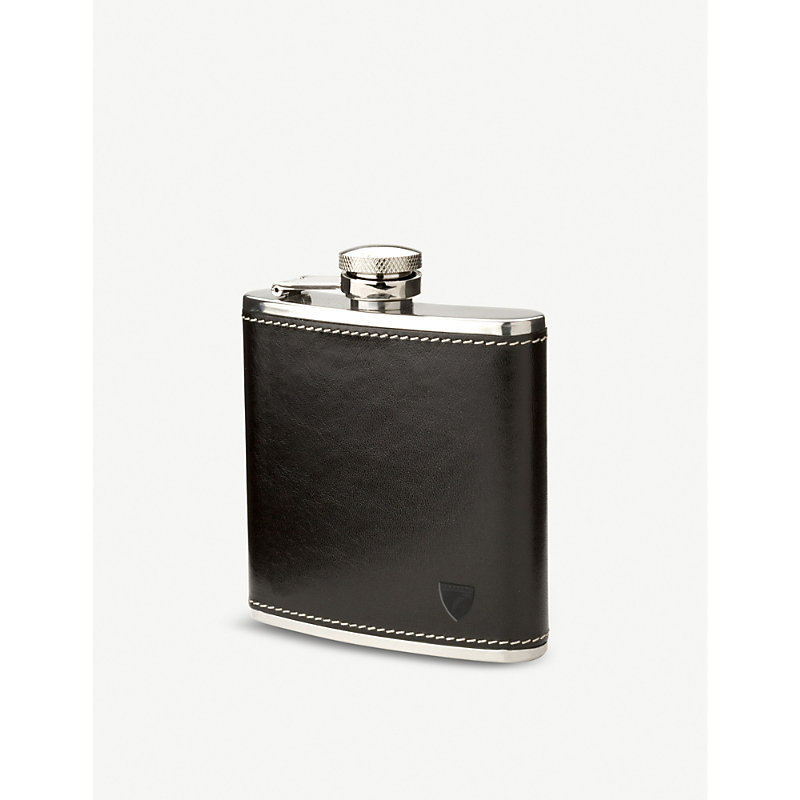 Aspinal Of London Black Classic Smooth Leather Hip Flask