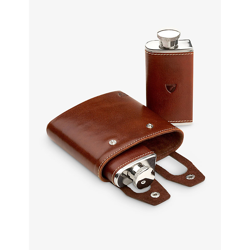 Shop Aspinal Of London Cognac Double Stainless-steel And Leather Hip Flask
