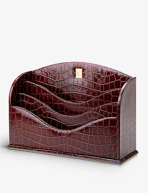ASPINAL OF LONDON: Croc-embossed leather stationery rack 22.86cm
