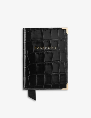 ASPINAL OF LONDON: Logo-print croc-embossed leather passport cover