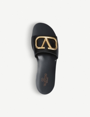 Shop Valentino Garavani Women's Black Go-logo Leather Slider Sandals