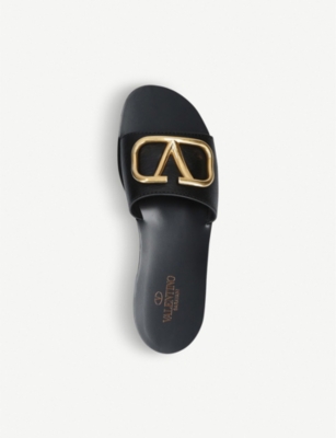 Valentino Garavani Vlogo Signature Slide Sandal In Grainy Cowhide With Accessory Woman Black 37.5 In Black