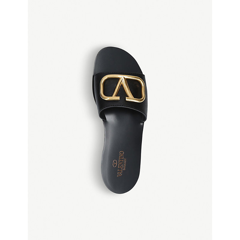 Shop Valentino Go-logo Leather Slider Sandals In Black
