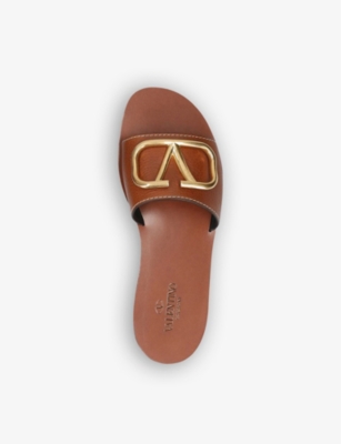Shop Valentino Garavani Women's Tan Go-logo Leather Slider Sandals