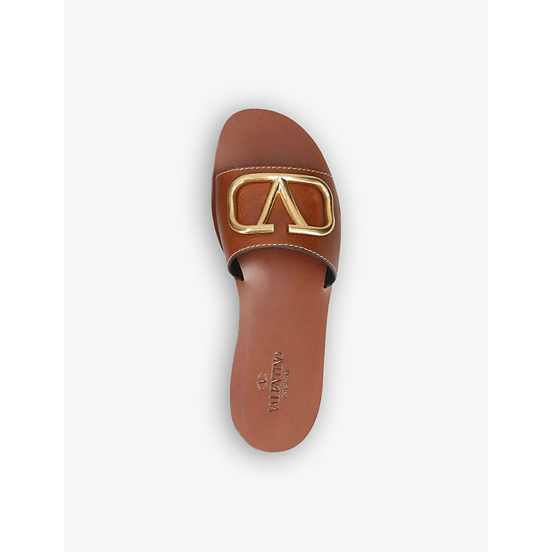 Shop Valentino Go-logo Leather Slider Sandals In Tan